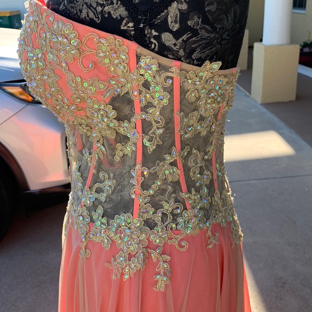 Exquisite jeweled coral colored strapless princess gown by La Femme size 6 - Picture 4 of 14